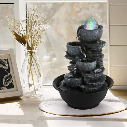 Dyna-Living Tabletop Water Fountain Indoor Waterfalls Fountains with Colored LED Light Decorative Tabletop Fountain with Automatic Pump, Desktop Indoor Water Fountains for Office Relaxing