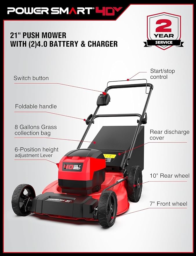 PowerSmart 40V 21" Cordless Electric Lawn Mower Brushless Motor, Mulch/Bag/Rear Discharge, 6-Position Height Adjust (1.5"–3.9"), Folds Flat, 2×4.0Ah Batteries & Charger Included,Up to 1/4 Acre