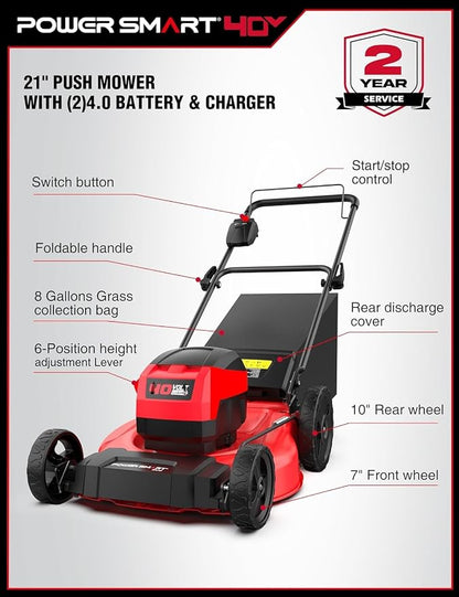 PowerSmart 40V 21" Cordless Electric Lawn Mower Brushless Motor, Mulch/Bag/Rear Discharge, 6-Position Height Adjust (1.5"–3.9"), Folds Flat, 2×4.0Ah Batteries & Charger Included,Up to 1/4 Acre