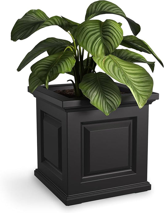 Mayne Nantucket 16-Inch Square Planter – Self-Watering, Weather-Resistant Planter for Flowers – Durable Outdoor Design for Patio, Porch, or Entryway, Black