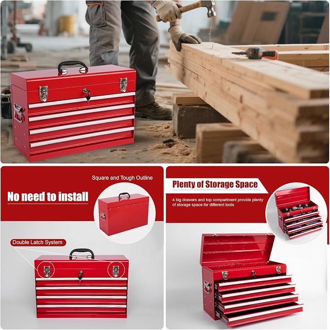 4 Drawers Metal Tool Box, 21'' Portable Metal Tool Box with EVA Liners & Auto-Locking Mechanism, Heavy Duty Steel Tool Chest with Ball-Bearing Drawer Slides & Convenient Top Handle, Red