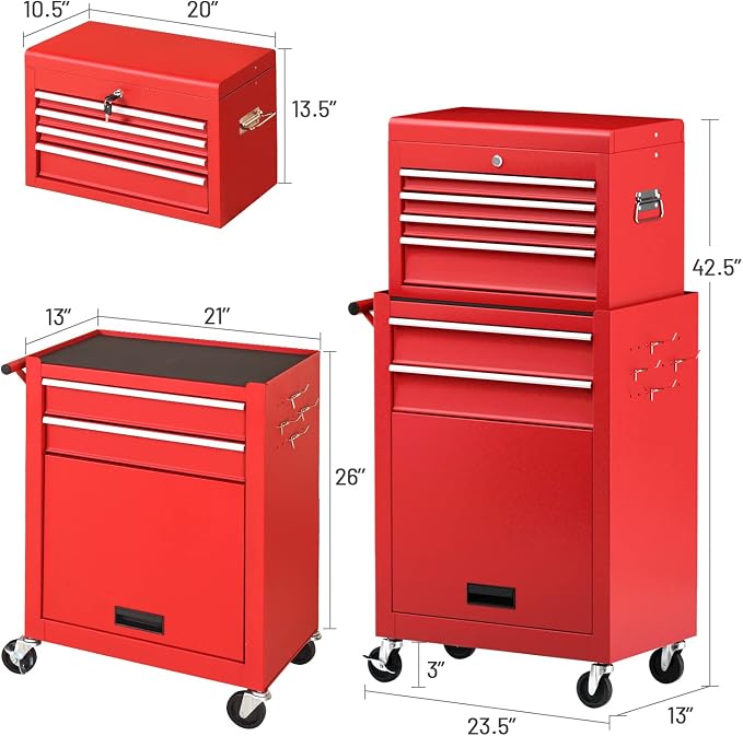 ERGOMASTER Rolling Tool Chest Cabinet Big Tool Storage Cabinet on Wheels and Lock System, Toolbox Organizer with Sliding Liner - 6-Drawers & Red