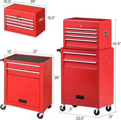 ERGOMASTER Rolling Tool Chest Cabinet Big Tool Storage Cabinet on Wheels and Lock System, Toolbox Organizer with Sliding Liner - 6-Drawers & Red
