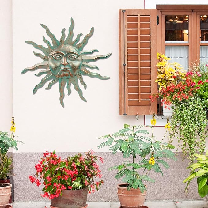 VEWOGARDEN Metal Sun Wall Decor 30" Large Outdoor Hanging Wall Art for Patio Farmhouse Garden Living Room Bedroom Decorations, Green