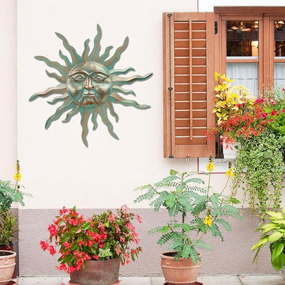 VEWOGARDEN Metal Sun Wall Decor 30" Large Outdoor Hanging Wall Art for Patio Farmhouse Garden Living Room Bedroom Decorations, Green