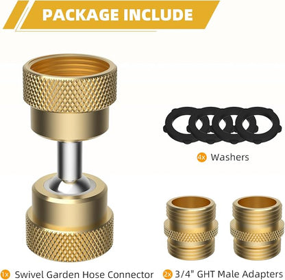 Swivel All-Metal Garden Hose Adapter, 3/4" Hose Protector, 2 Brass Adapters | Brass Pipe Kink Protection, 3/4" Male Connectors, Outdoor Faucet to Garden Hose, Dual Female Big Angle Rotation at Both Ends