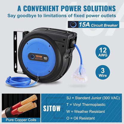 VEVOR 80FT Retractable Extension Cord Reel, 12AWG/3C SJTOW Heavy Duty Power Cord w/Lighted Electrical Triple Tap Outlets, 15A Circuit Breaker,180° Swivel Bracket for Workshop or Garage, Blue