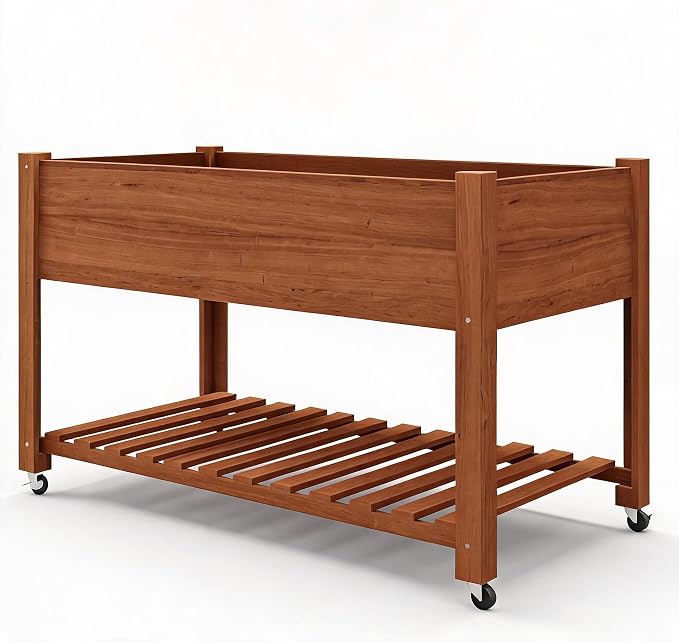 IDEALHOUSE Rolling Elevated Planter Box on Wheels, 48x24x30 Inch Mobile Raised Garden Bed with Locking Casters, Storage Shelf, Wooden Outdoor Planter for Vegetables Flowers Patio Backyard, Oak