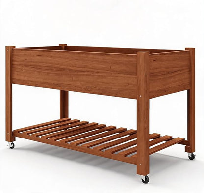 IDEALHOUSE Rolling Elevated Planter Box on Wheels, 48x24x30 Inch Mobile Raised Garden Bed with Locking Casters, Storage Shelf, Wooden Outdoor Planter for Vegetables Flowers Patio Backyard, Oak