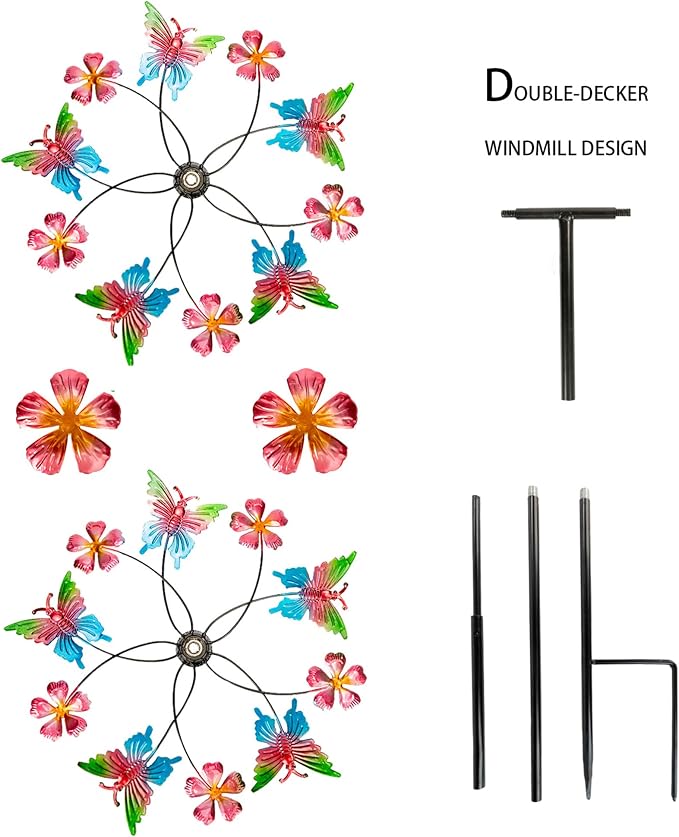 38" Double Blade Butterfly Wind Spinners Outdoor, Colorful Butterflies Kinetic Outdoor Decor for Patio, Lawn & Garden Decor