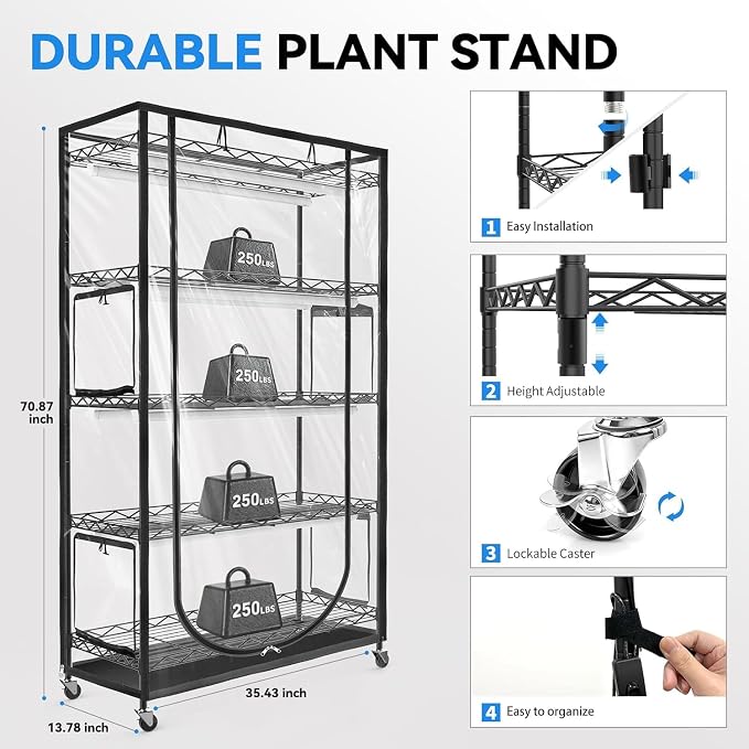 JESLED Indoor Greenhouse with Grow Light, 35.4x13.8x70IN | 3FT Full Spectrum 5000K LED Light for Seed Starting, Tiered Lighting Control, Built-in Timer & Thermo-Hygrometer