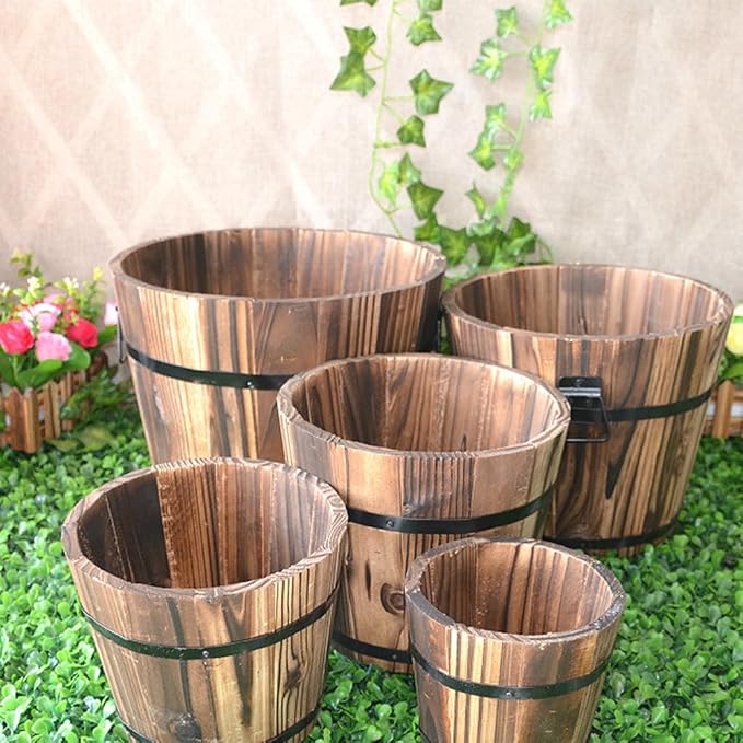 Healeved Wooden Round Barrel Flower Pot Planter with Breathable Bottom Hole for Home Office Garden Decor 7.08X5.9 Inches