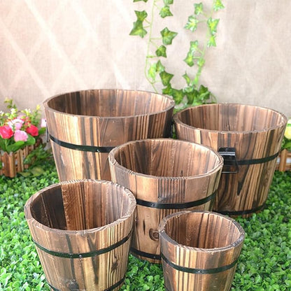 Healeved Wooden Round Barrel Flower Pot Planter with Breathable Bottom Hole for Home Office Garden Decor 7.08X5.9 Inches
