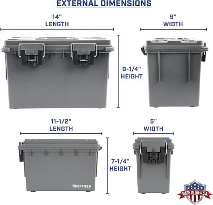 Sheffield Ammo Box Made in USA, Stackable Lockable Ammo Storage Box, Gray | XL & Standard Lockable Storage Box, Water & Dust Resistant Dry Box, Secures Hunting Gear, Gun Accessories, Supplies, Bullets