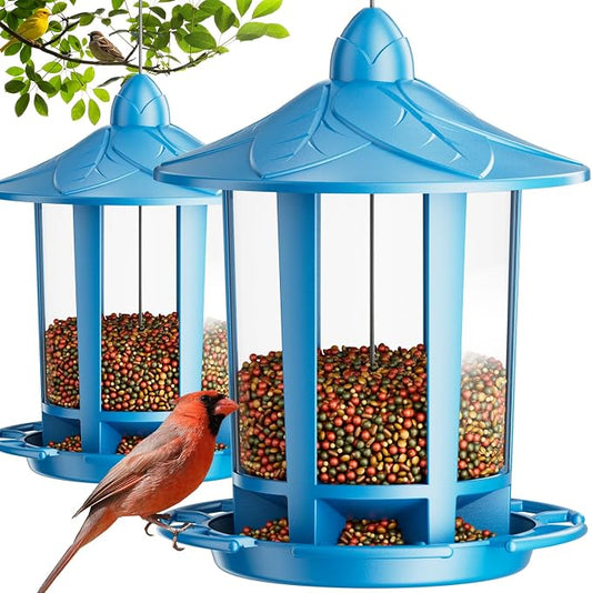 Birdream 2 Pack Bird Feeders for Outdoor Hanging, Assembly Required, 1-Min Easy Setup, Charming Castle Design, Attracting Cardinals Chickadees Goldfinches & Sparrows - Blue