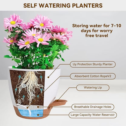 7/6.5/6/5.5/5 Inch Self Watering Pots, Plastic Flower Pots with Multi Mesh Drainage Holes and Deep Reservoir for Indoor Outdoor Garden Plants and Flowers (Green, 5/5.5/6/6.5/7)