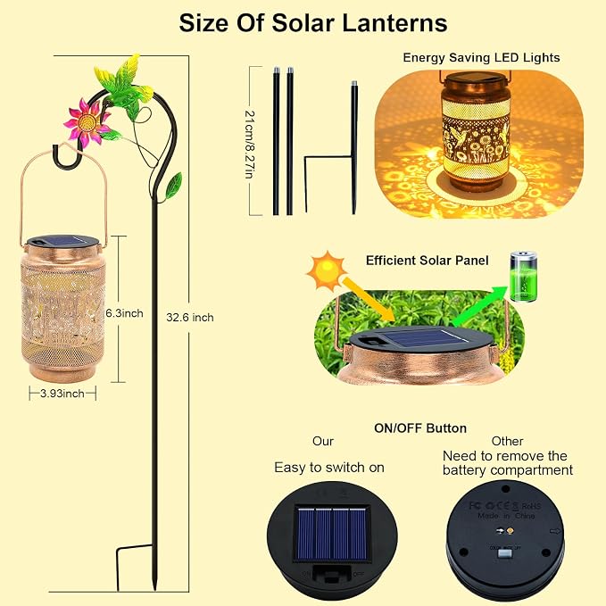 Gifts for Mom, Mom Gift Solar Lanterns Outdoor, Birthday Gift from Daughter Son, Metal Solar Hanging Hummingbird Lights with Shepherd Hook for Outside Garden Yard Patio Pathway (2 Pack)
