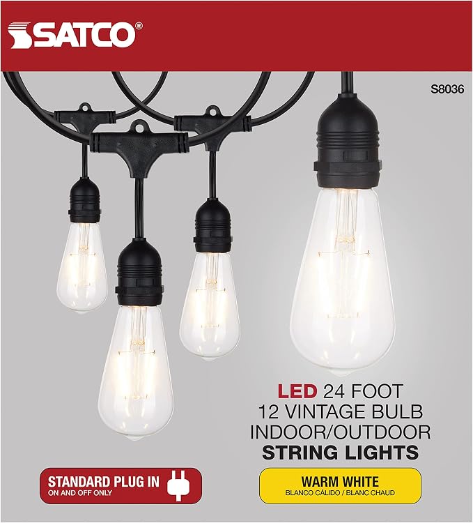 Satco S8036 LED Indoor/Outdoor String Lights, Black, ST19 Bulbs, 24 Feet (Pack of 1)