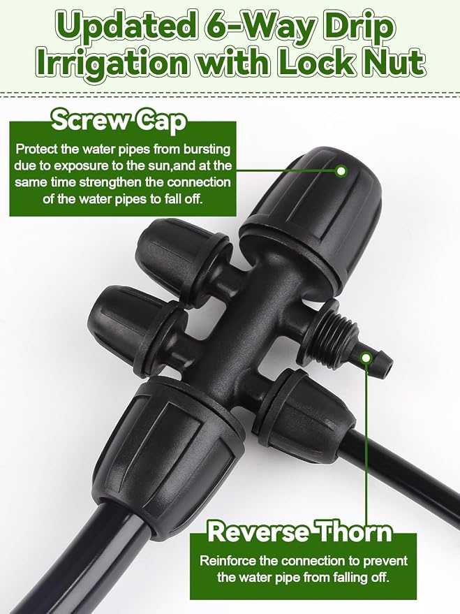 20PCS Locked Barbed Tee Connectors, Kalolary 5/16" to 1/4" Drip Irrigation Fittings Kit 8/12mm to 4/7mm Tube Lock Female Connector 6-Way Barbed Lock Irrigation Parts for Watering System (Black)