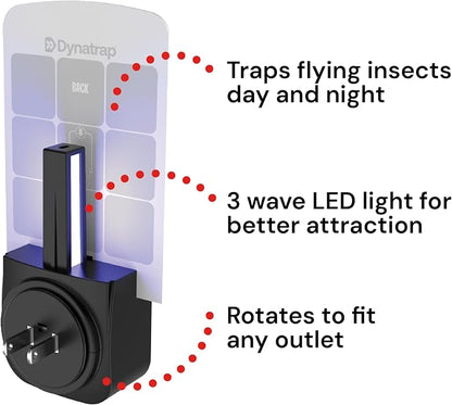 Dynatrap DT3007 Indoor Plug-in Fly Trap for Flies, Fruit Flies, Moths, Gnats, and Other Flying Insects - 1 Black Device + 2 Glue Cards