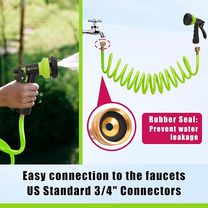 AUTOMAN Coil Garden Hose 15 ft, EVA Curly Water Hose with Brass Connectors, Recoil Garden Water Hose,Includes 7-Pattern Function Sprayer,Retractable,Corrosion Resistant Garden Coil Hose.