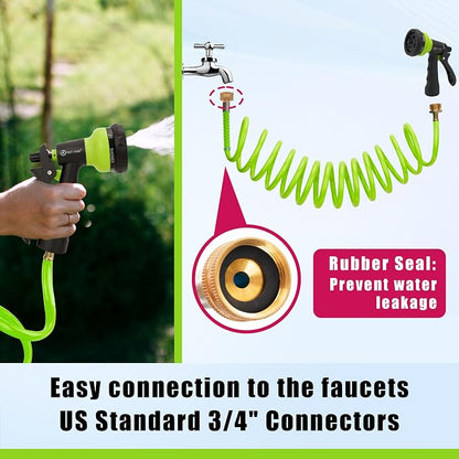 AUTOMAN Coil Garden Hose 15 ft, EVA Curly Water Hose with Brass Connectors, Recoil Garden Water Hose,Includes 7-Pattern Function Sprayer,Retractable,Corrosion Resistant Garden Coil Hose.