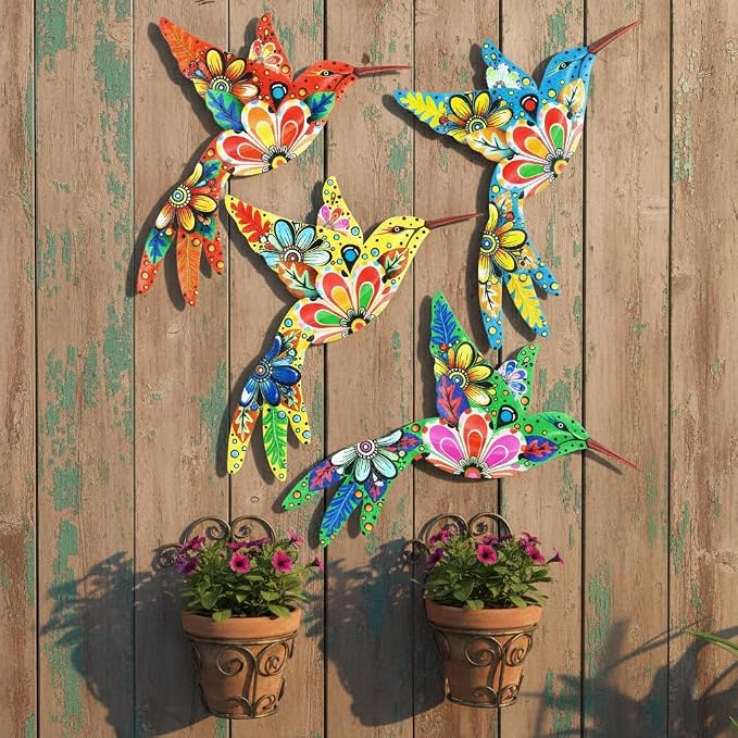 Cruis Cuka Outdoor Metal Wall Art Garden Decor for Outside Colorful Hummingbird Fence Art - (Set of 4,ColorF)
