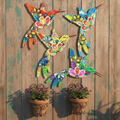 Cruis Cuka Outdoor Metal Wall Art Garden Decor for Outside Colorful Hummingbird Fence Art - (Set of 4,ColorF)