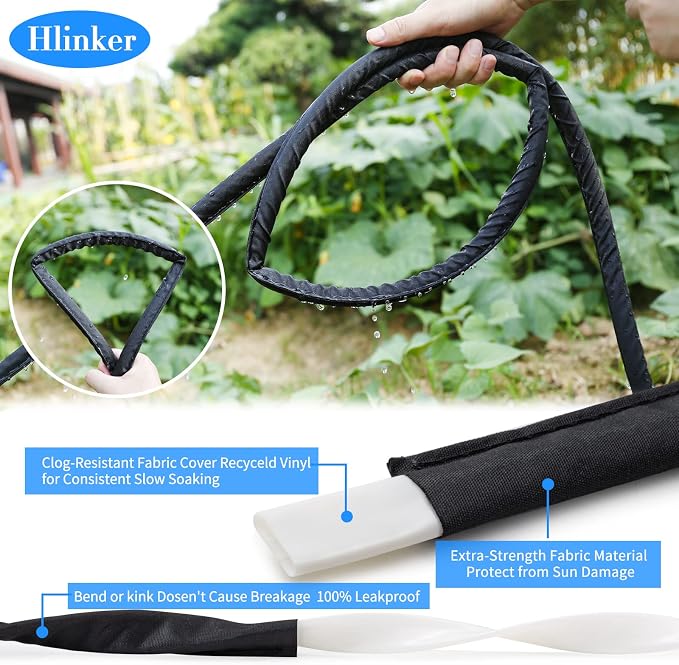 Hlinker Flat Soaker Hose 100 FT for Garden Beds, 50Ft 2Packs 1/2" Linkable Consistent Drip Irrigation Hose Save 80% Water, Leakproof Heavy Duty Double Layer Sprinkler Hose