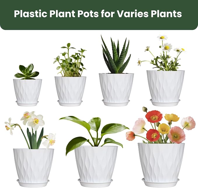 Plant Pots, Plastic Flower Pots for Indoor & Outdoor Plants, Planters with Drainage Holes and Saucer, Garden Pot for Plants (White 7/6.5/6/5.5/5/4.5/4 inch)