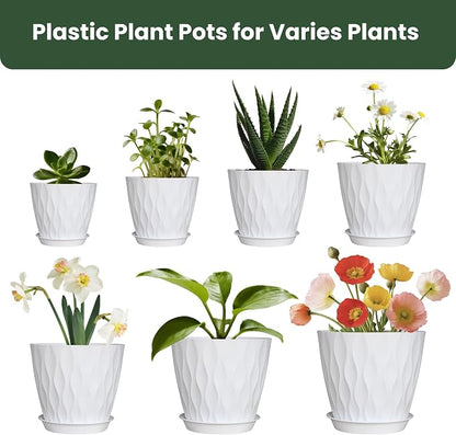 Plant Pots, Plastic Flower Pots for Indoor & Outdoor Plants, Planters with Drainage Holes and Saucer, Garden Pot for Plants (White 7/6.5/6/5.5/5/4.5/4 inch)