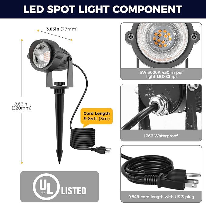 L LOHAS LED 5W Dusk to Dawn Outdoor Lighting, Auto On/Off 3000K Landscape Outdoor Spotlight, IP66 Waterproof Plug in Spot Lights for Yard, Garden, House, Pathway, Plant, UL Listed (6 Pack)