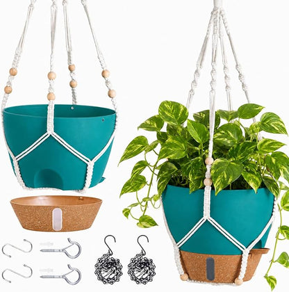 10 Inch Hanging Planters for Indoor Plants, 2 Pack Self Watering Hanging Baskets Flower Pots with Drainage Hole, Visual Reservoir & 2 Kinds of Plant Hanger for Home Decor (Deep Teal, 10 Inch)