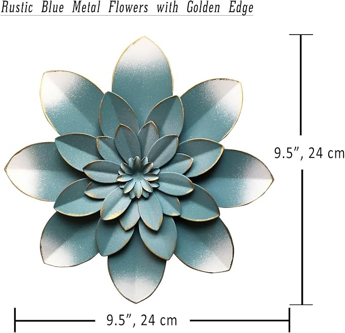 Metal Flower Wall Art Decor, 9.5" Blue Rustic Modern Floral Sculpture | Gradual Distressed Hanging Home Decoration Accent Artworks, Indoor Bedroom Living Room Office, Outdoor Garden Patio