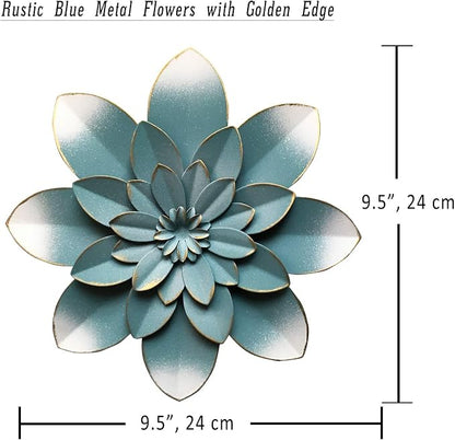 Metal Flower Wall Art Decor, 9.5" Blue Rustic Modern Floral Sculpture | Gradual Distressed Hanging Home Decoration Accent Artworks, Indoor Bedroom Living Room Office, Outdoor Garden Patio