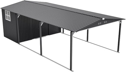 KEIKI 12x23 FT Heavy Duty Metal Carport with Storage Shed, Steel Garage Shelter with Sliding Door, Waterproof Sloped Roof, UV Protection Panels, Outdoor Car Canopy for Car, Boat, Tractor