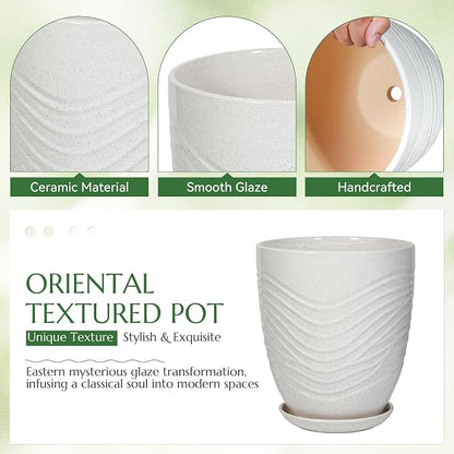9.5 Inch Flower Pots for Indoor Plants,Ceramic Planter with Saucer Drainage Leak-Proof Mesh Gardening Gloves (Water-Ripple White)