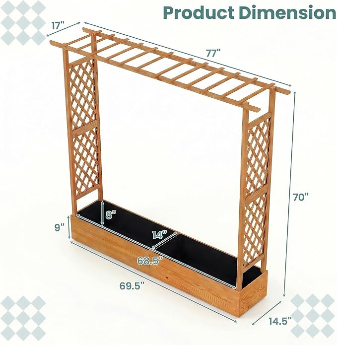 HAPPYGRILL Raised Garden Bed with Trellis, Freestanding Wood Planter Box w/Hanging Roof & Drainage Holes for Vine, Climbing Plants, Flowers, Outdoor Planter with Trellis for Garden, Patio, Yard (2)
