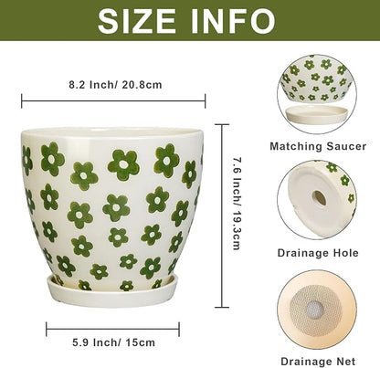 MPotTo 8.2 Inch Plant Pot - Ceramic Flower Pot Indoor with Drainage Hole and Saucer, Boho Round Decorative Planter for Indoor Plants, Housewarming Gifts, Office Garden Home Room Decor, White