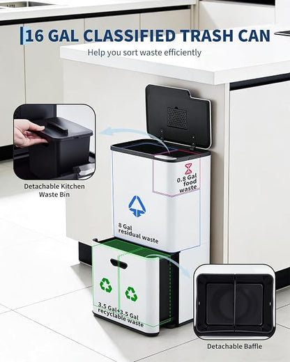GarveeHome 16 Gallon Dual Trash Can for Kitchen, 2 Compartment Stainless Steel Garbage Can, 33L+28L Kitchen Recycling Bin with Compost Caddy, Removable Inner Bucket & Odor Control, White