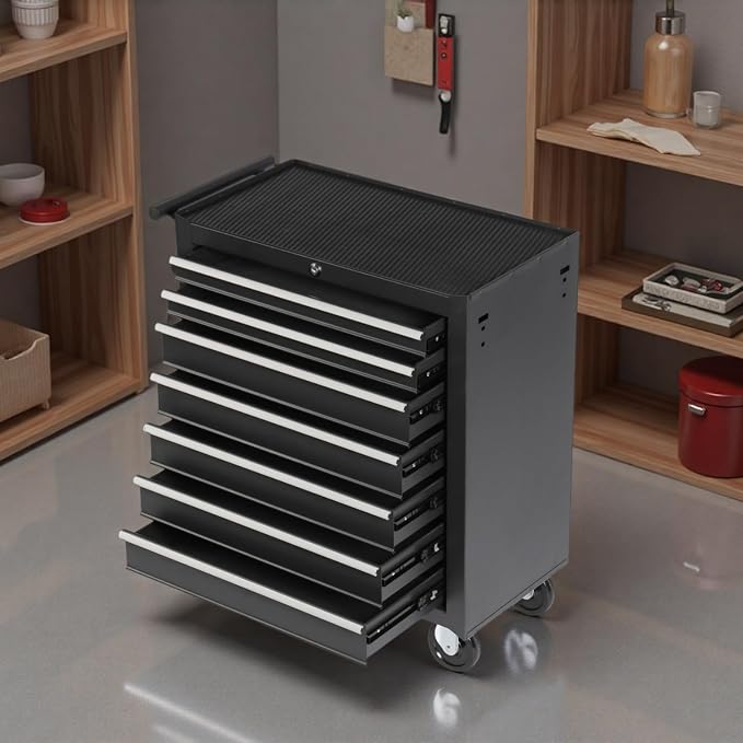 Tool Chest, 7-Drawers Rolling Tool Box with Rotate Handle & Wheels, Lockable Multifunctional Tool Cart, Suitable for Garages, Workshop, Warehouse,