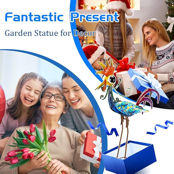 31.5'' Wacky Rooster Garden Statue for Outside, Patio, Backyard, Lawn | Metal Rooster Decor Yard Statue Decorations, Waterproof Chicken Yard Art, Royal Blue