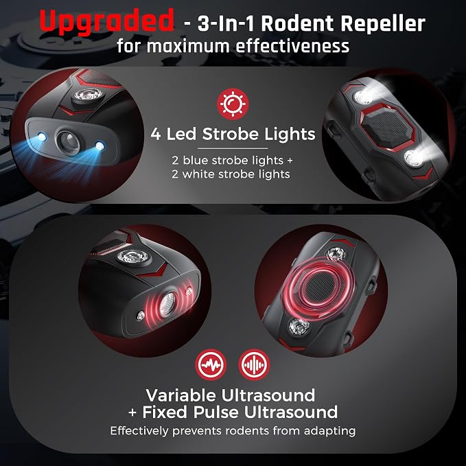 Ultrasonic Rodent Repeller for Car, Under Hood Mouse Repellent with 4 LED Strobe Lights – Battery, USB & Engine Powered, Drives Rats, Mice & Squirrels from Vehicles, Warehouses, Garages