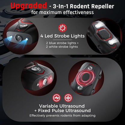 Ultrasonic Rodent Repeller for Car, Under Hood Mouse Repellent with 4 LED Strobe Lights – Battery, USB & Engine Powered, Drives Rats, Mice & Squirrels from Vehicles, Warehouses, Garages