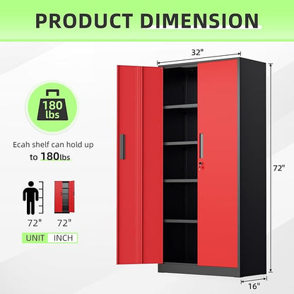 INTERGREAT Metal Storage Cabinet, 72" Locking Steel Cabinets with 2 Door and 4 Adjustable Shelves, Tall Metal Cabinet for Home Office, Garage, Warehouse, Black Red