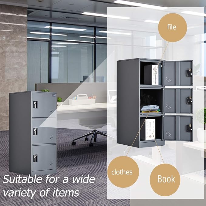 MECOLOR Vertical Single Tier Small Locker with Padlock latche 2 or 3 Compartment Storage for Employee,Home,Office,School,Kids (Dark Grey, P3V)
