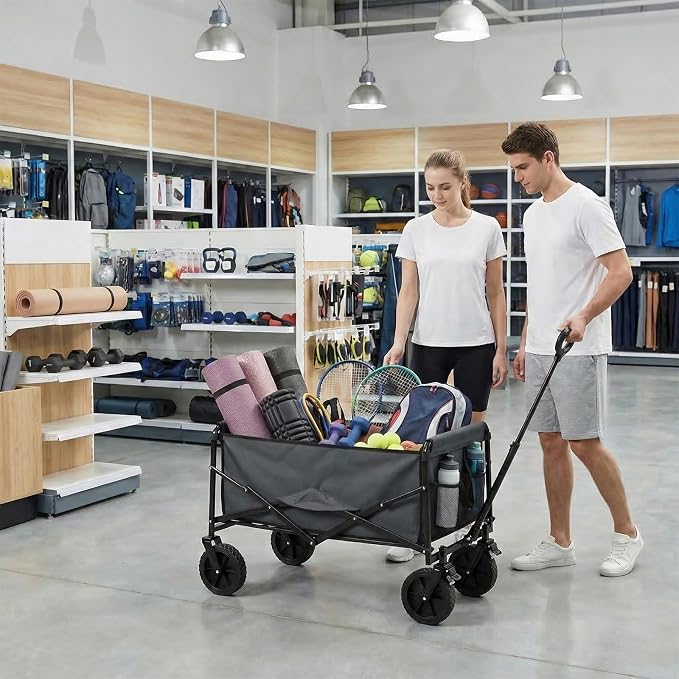 OLIXIS Collapsible Wagon 102L Standard Heavy Duty Utility Folding Wagon Cart with Lockable Brake Wheels – 330 lbs Weight Capacity, Flexible Handle for Beach, Grocery, Camping, Sports & Garden, Gray