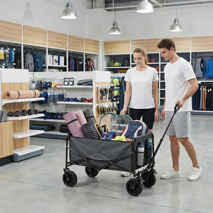 OLIXIS Collapsible Wagon 102L Standard Heavy Duty Utility Folding Wagon Cart with Lockable Brake Wheels – 330 lbs Weight Capacity, Flexible Handle for Beach, Grocery, Camping, Sports & Garden, Gray