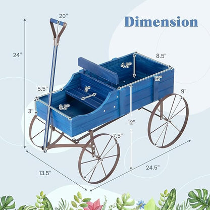 Wooden Wagon Planter, Decorative Flower Pots w/ 2 Planting Sections, Wheels & Handle, Rustic Farmhouse Garden Planter Box for Patio, Yard, Porch (Blue)