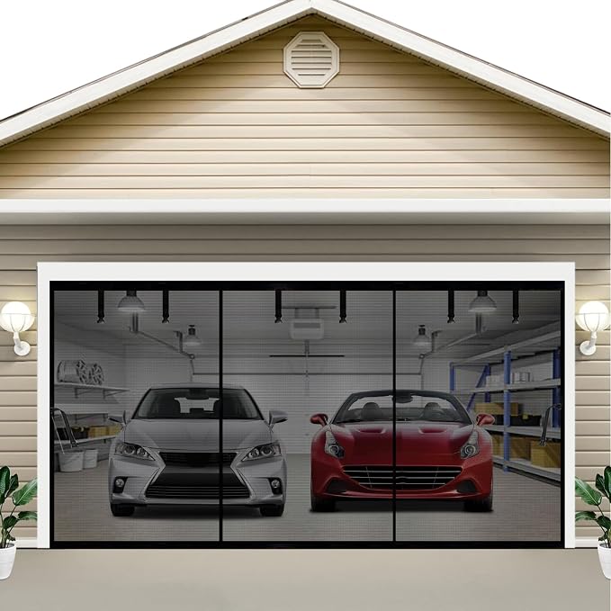 Magnetic Garage Door Screen 16x10ft Hands Free Net Curtains, Retractable Fiberglass Doors Cover Closure for 2 3 Car Garage Carport Patio Balcony Porch Gazebo Backyard Greenhouse RV (Black, 16x10ft)